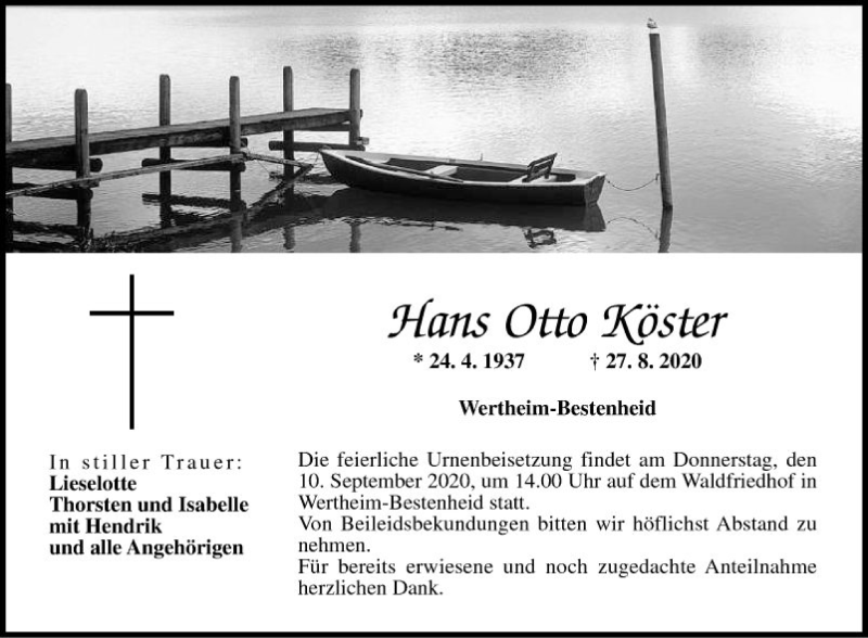  Traueranzeige für Hans Otto Köster vom 03.09.2020 aus Fränkische Nachrichten