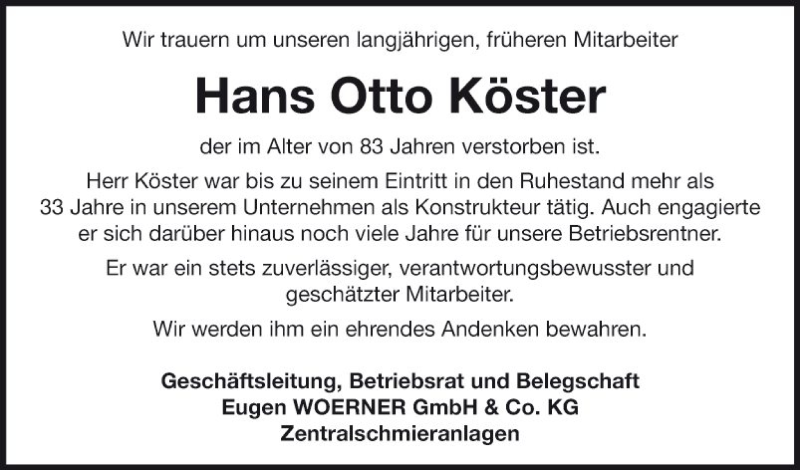  Traueranzeige für Hans Otto Köster vom 05.09.2020 aus Fränkische Nachrichten