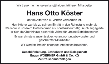Traueranzeige von Hans Otto Köster von Fränkische Nachrichten