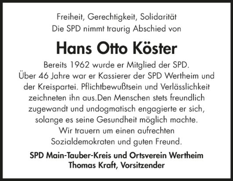  Traueranzeige für Hans Otto Köster vom 03.09.2020 aus Fränkische Nachrichten