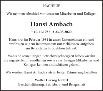 Traueranzeige von Hansi Ambach von Fränkische Nachrichten