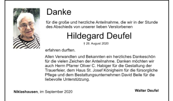 Traueranzeige von Hildegard Deufel von Fränkische Nachrichten