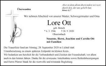 Traueranzeige von Lore Ott von Fränkische Nachrichten