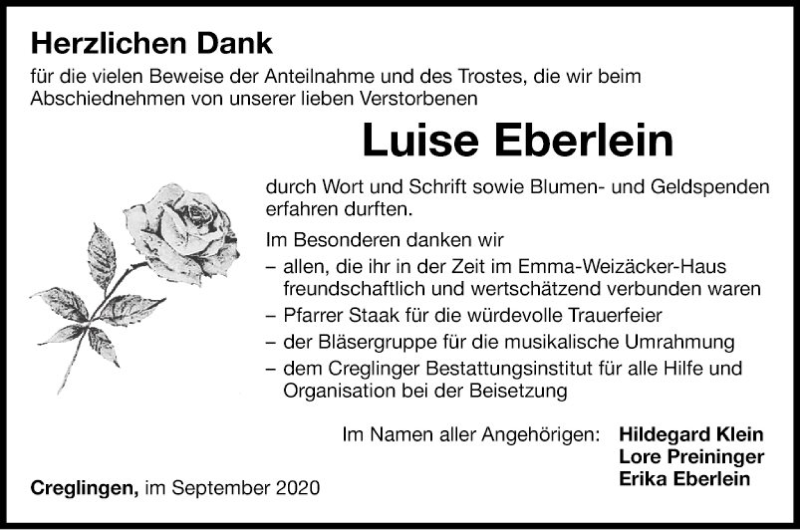  Traueranzeige für Luisa Eberlein vom 30.09.2020 aus Fränkische Nachrichten