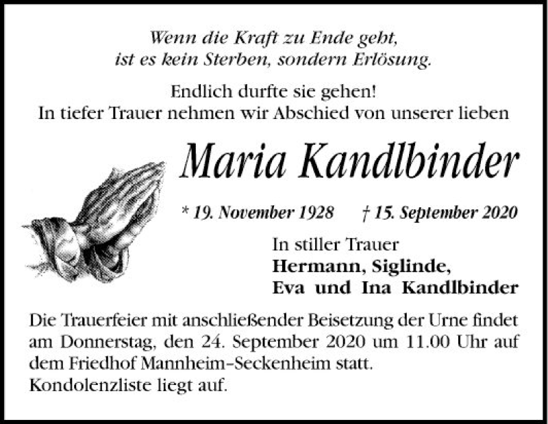  Traueranzeige für Maria Kandlbinder vom 22.09.2020 aus Mannheimer Morgen