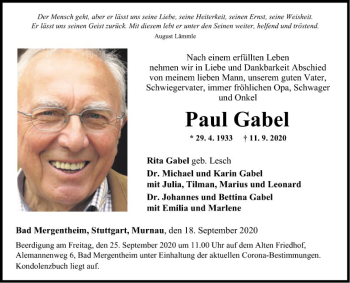 Traueranzeige von Paul Gabel von Fränkische Nachrichten