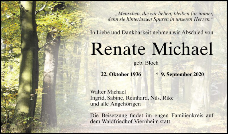  Traueranzeige für Renate Michael vom 15.09.2020 aus Südhessen Morgen