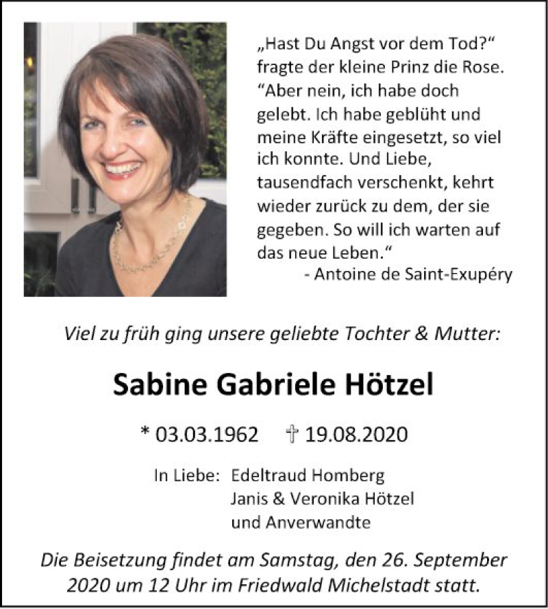  Traueranzeige für Sabine Gabriele Hötzel vom 11.09.2020 aus Bergsträßer Anzeiger