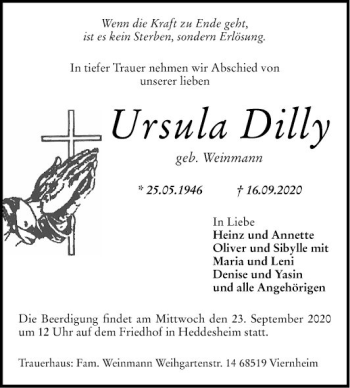 Traueranzeige von Ursula Dilly von Mannheimer Morgen