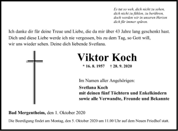 Traueranzeige von Viktor Koch von Fränkische Nachrichten