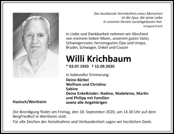 Traueranzeige von Willi Krichbaum von Fränkische Nachrichten