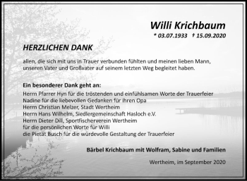 Traueranzeige von Willi Krichbaum von Fränkische Nachrichten