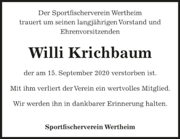 Traueranzeige von Willi Krichbaum von Fränkische Nachrichten