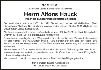 Traueranzeige von Alfons Hauck von Fränkische Nachrichten