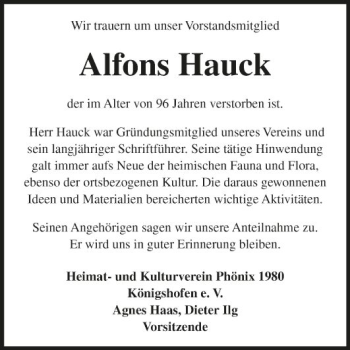 Traueranzeige von Alfons Hauck von Fränkische Nachrichten