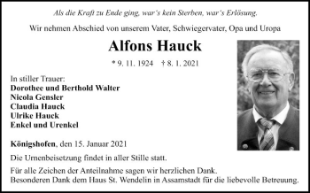 Traueranzeige von Alfons Hauck von Fränkische Nachrichten