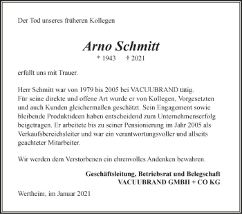 Traueranzeige von Arno Schmitt von Fränkische Nachrichten