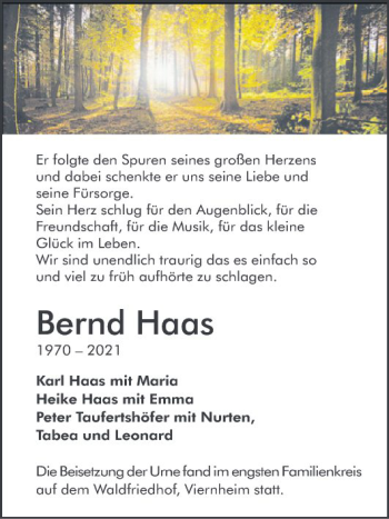 Traueranzeige von Bernd Haas von Südhessen Morgen