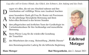 Traueranzeige von Edeltrud Metzger von Fränkische Nachrichten