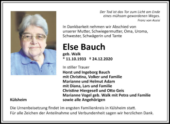 Traueranzeige von Else Bauch von Fränkische Nachrichten