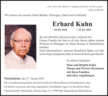 Traueranzeige von Erhard Kuhn von Fränkische Nachrichten