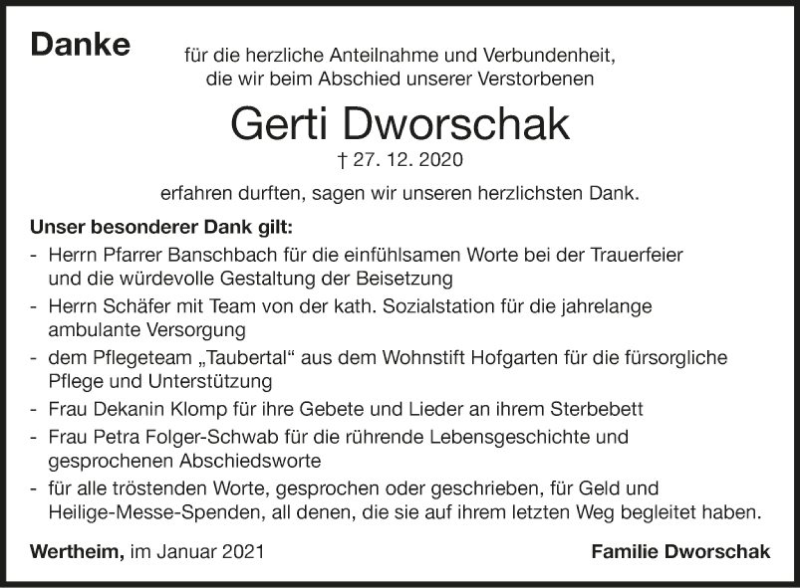  Traueranzeige für Gerti Dworschak vom 22.01.2021 aus Fränkische Nachrichten