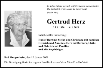 Traueranzeige von Gertrud Herz von Fränkische Nachrichten