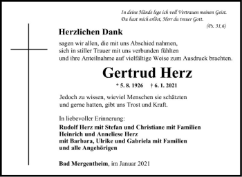 Traueranzeige von Gertrud Herz von Fränkische Nachrichten