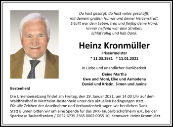 Traueranzeige von Heinz Kronmüller von Fränkische Nachrichten