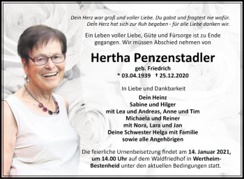 Traueranzeige von Hertha Penzenstadler von Fränkische Nachrichten