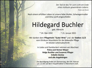 Traueranzeige von Hildegard Buchler von Mannheimer Morgen