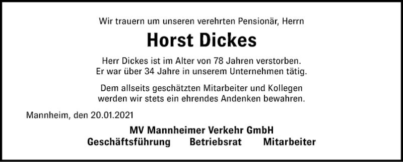  Traueranzeige für Horst Dickes vom 20.01.2021 aus Mannheimer Morgen