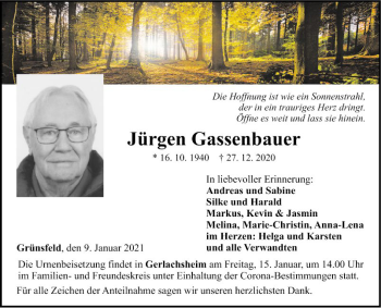 Traueranzeige von Jürgen Gassenbauer von Fränkische Nachrichten