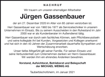 Traueranzeige von Jürgen Gassenbauer von Fränkische Nachrichten