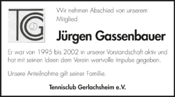 Traueranzeige von Jürgen Gassenbauer von Fränkische Nachrichten