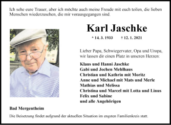 Traueranzeige von Karl Jaschke von Fränkische Nachrichten