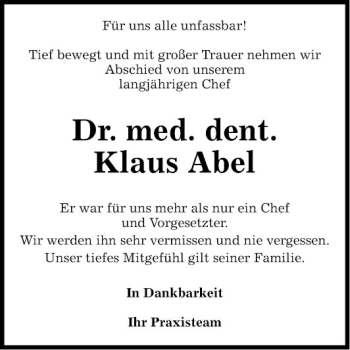 Traueranzeige von Klaus Abel von Fränkische Nachrichten