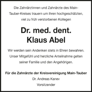 Traueranzeige von Klaus Abel von Fränkische Nachrichten