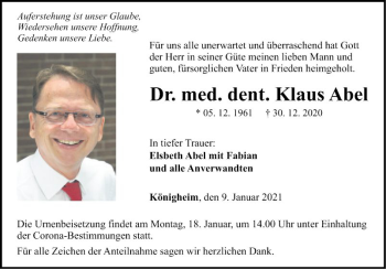 Traueranzeige von Klaus Abel von Fränkische Nachrichten