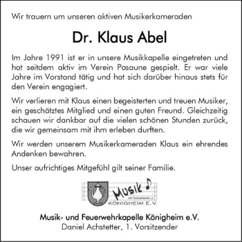 Traueranzeige von Klaus Abel von Fränkische Nachrichten