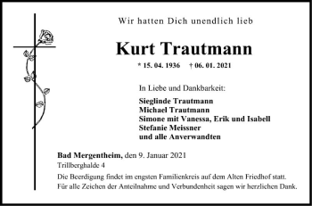 Traueranzeige von Kurt Trautmann von Fränkische Nachrichten