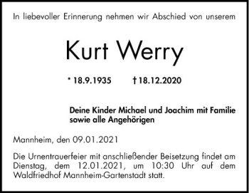 Traueranzeige von Kurt Werry von Mannheimer Morgen