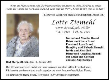 Traueranzeige von Lotte Ziemehl von Fränkische Nachrichten