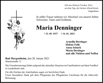 Traueranzeige von Maria Denninger von Fränkische Nachrichten