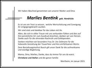 Traueranzeige von Marlies Bentink von Fränkische Nachrichten