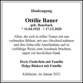 Traueranzeige von Ottilie Bauer von Fränkische Nachrichten