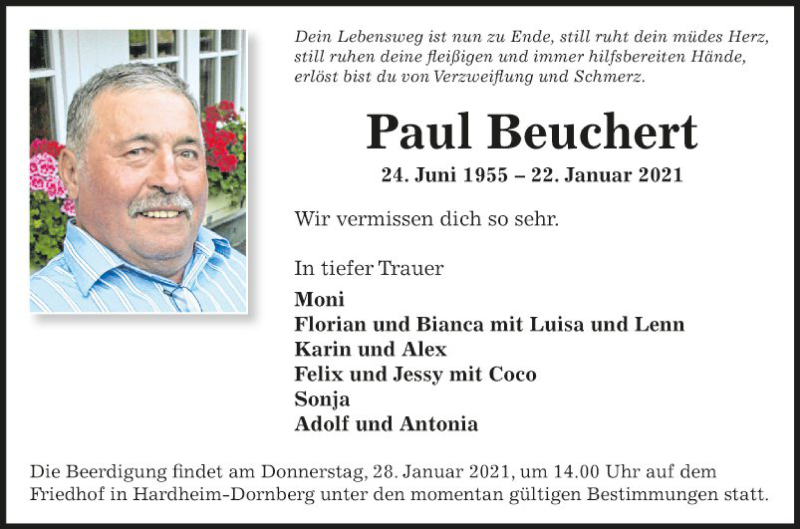  Traueranzeige für Paul Beuchert vom 27.01.2021 aus Fränkische Nachrichten