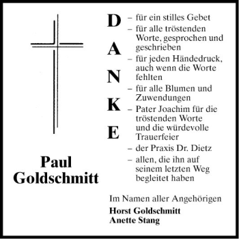 Traueranzeige von Paul Goldschmitt von Fränkische Nachrichten