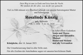 Traueranzeige von Rosalinde Künzig von Fränkische Nachrichten