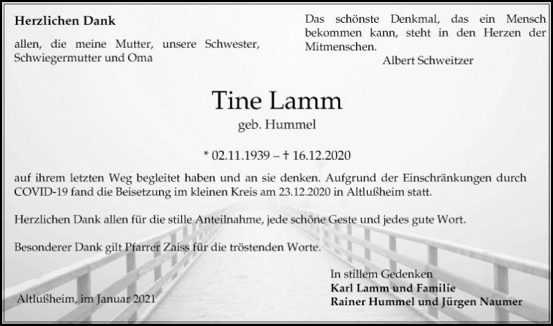  Traueranzeige für Tine Lamm vom 16.01.2021 aus Schwetzinger Zeitung
